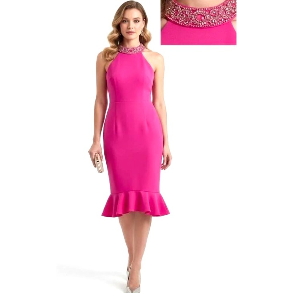 Marina Women's Halterneck Bead Collar Ruffled Hem Midi-Dress in Fuchsia Size 4
